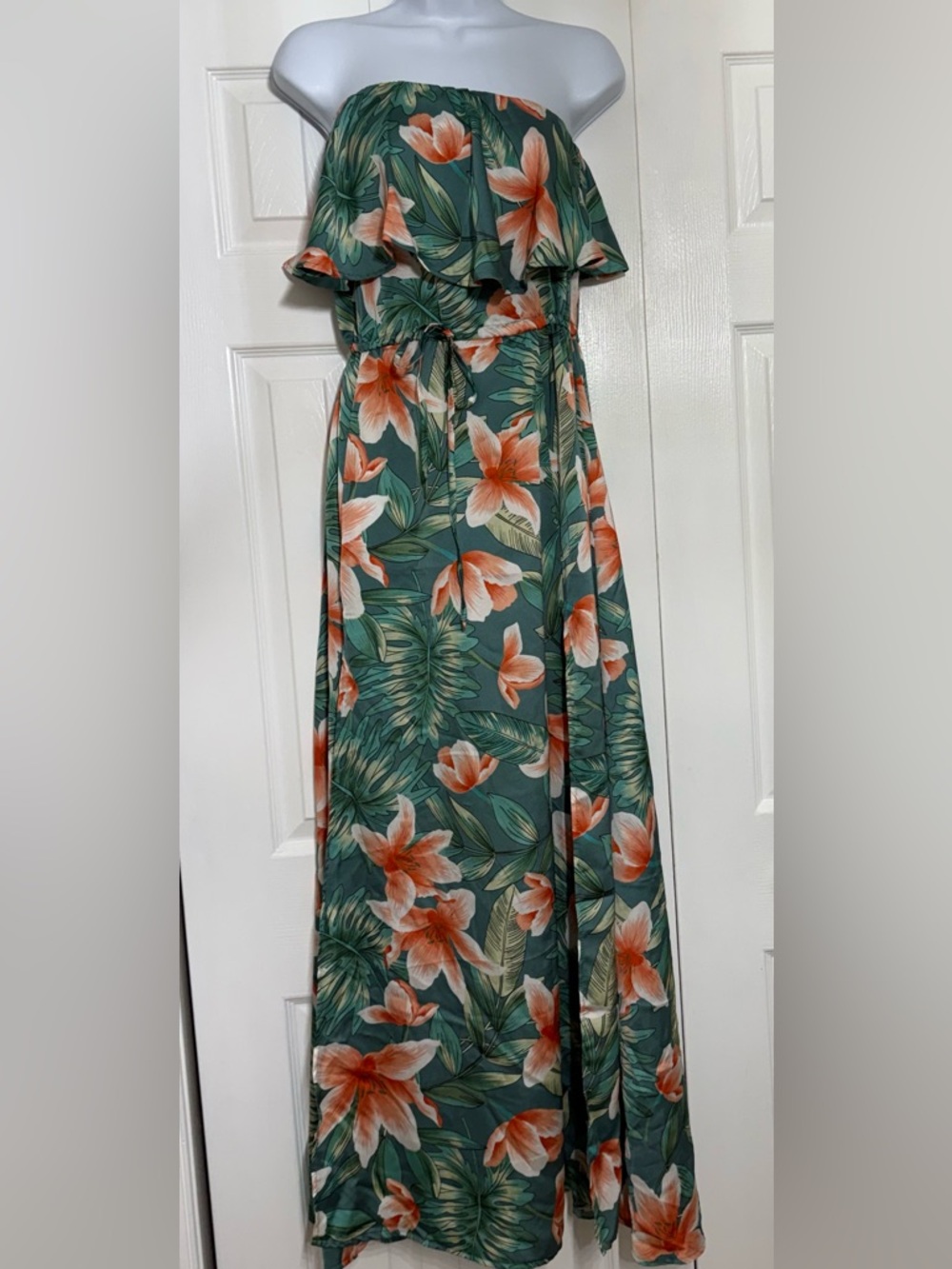 Tropical Floral Strapless Maxi Dress Green Orange Boho Beach Resort Size Sm EUC - Picture 3 of 8